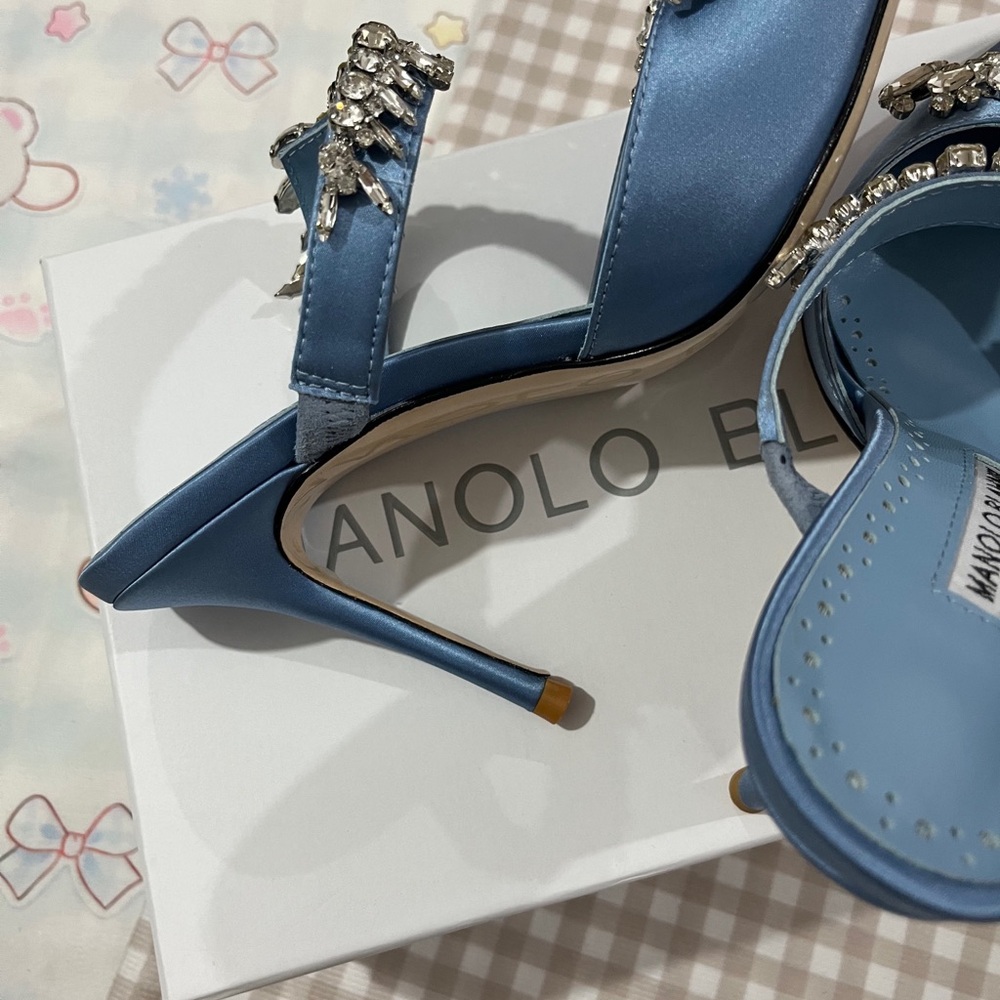 Manolo Blahnik Blue Satin Crystal-Embellished Pointed Toe Mules - Picture 7 of 8